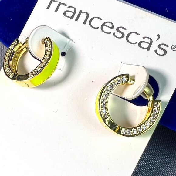 NWT Francesca's Collections Yellow Enamel & Cubic Zirconia Huggie Hoop Earrings - Picture 2 of 5